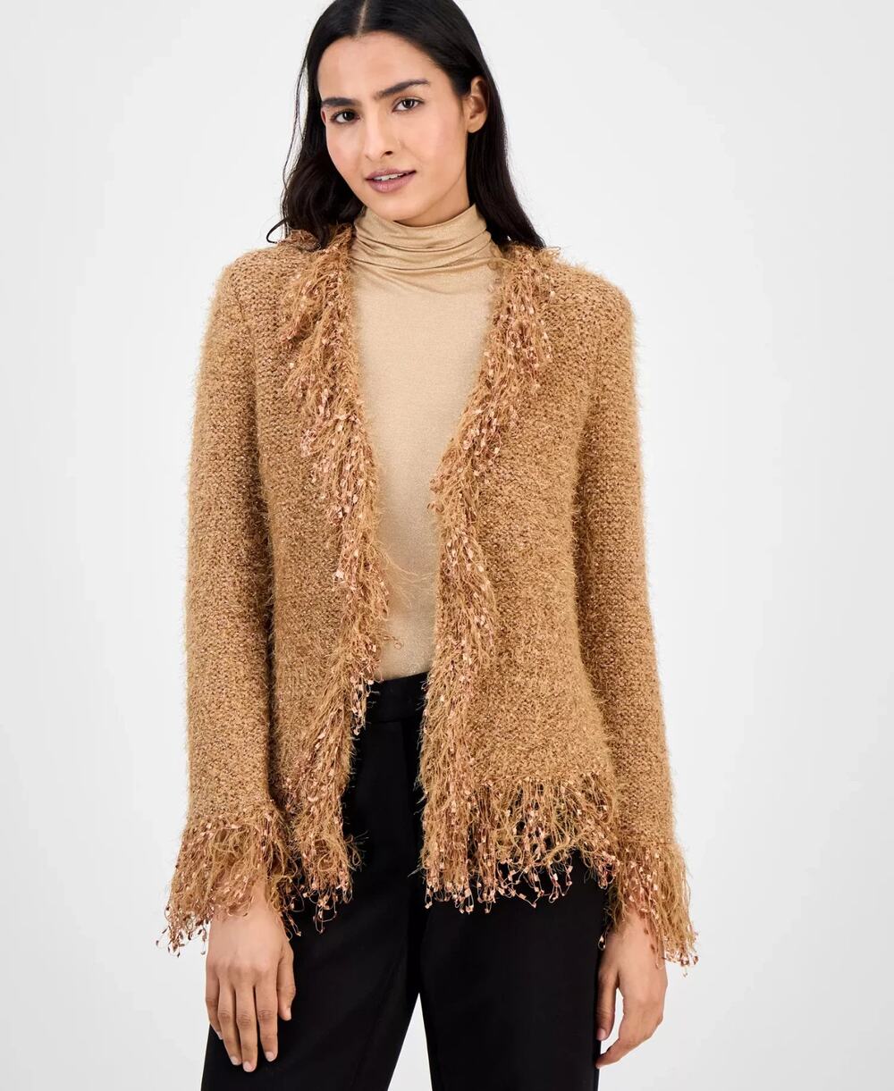 Anne Klein Cardigan Womens M Brown Knit Textured Fringe Trim Open Front Cozy NWT